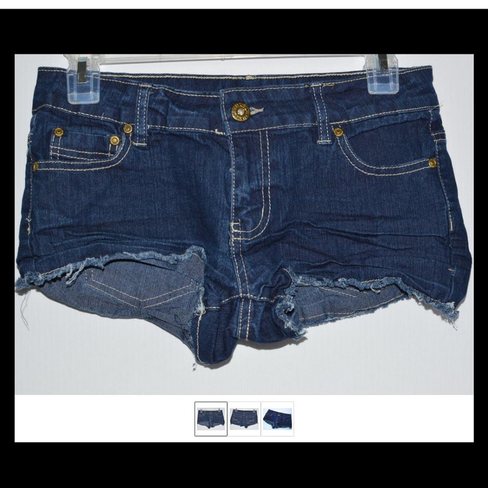 Dark Wash Jean Shorts Hotpants women sz 7 Stretch Frayed Blue Denim